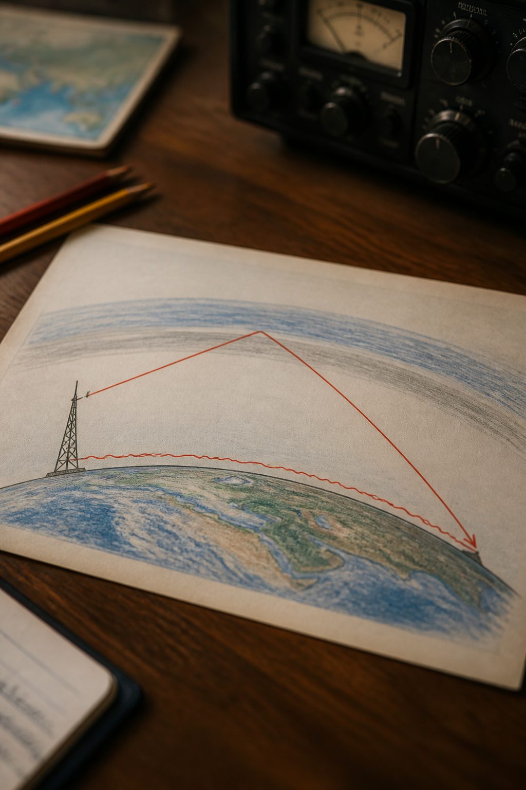 Cross-section drawing of the earth with a medium-wave tower: a short ground wave hugging the surface, and a longer night-time ray leaving the tower at a shallow angle, refracting off an ionospheric layer and returning to the ground several hundred miles away.