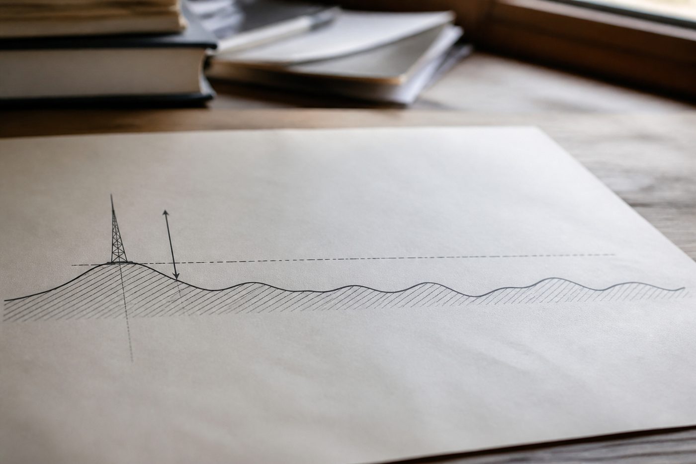 Terrain profile drawing: a tower on a low hill with a dashed line marking the average land elevation between three and sixteen kilometres out, and an arrow showing the antenna height measured against that average rather than against the ground at the tower base.