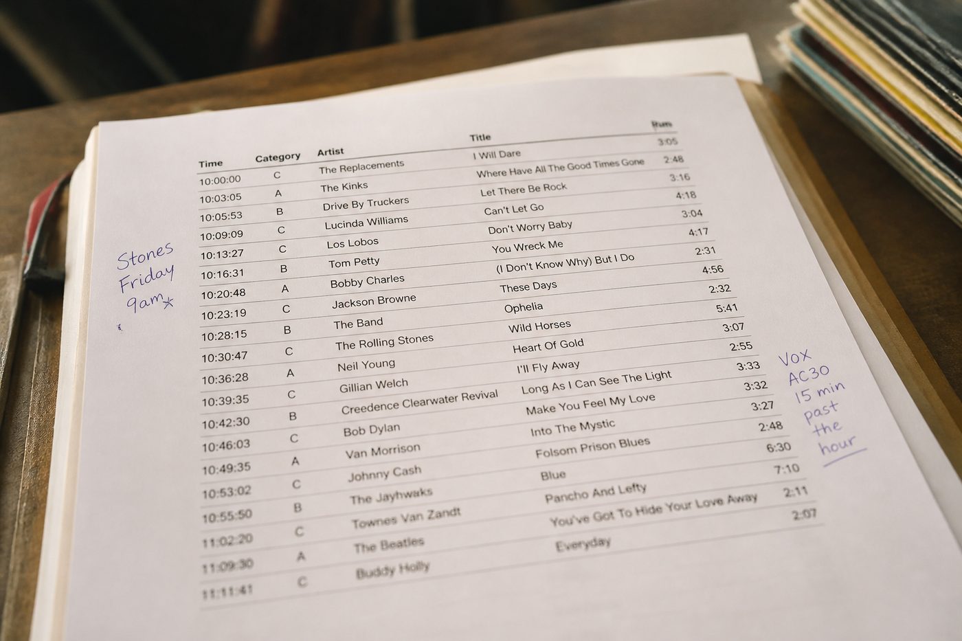 A printed music log for a single hour, each line listing a scheduled time, a category code, an artist, a title and a running time, with handwritten annotations in two of the margins.