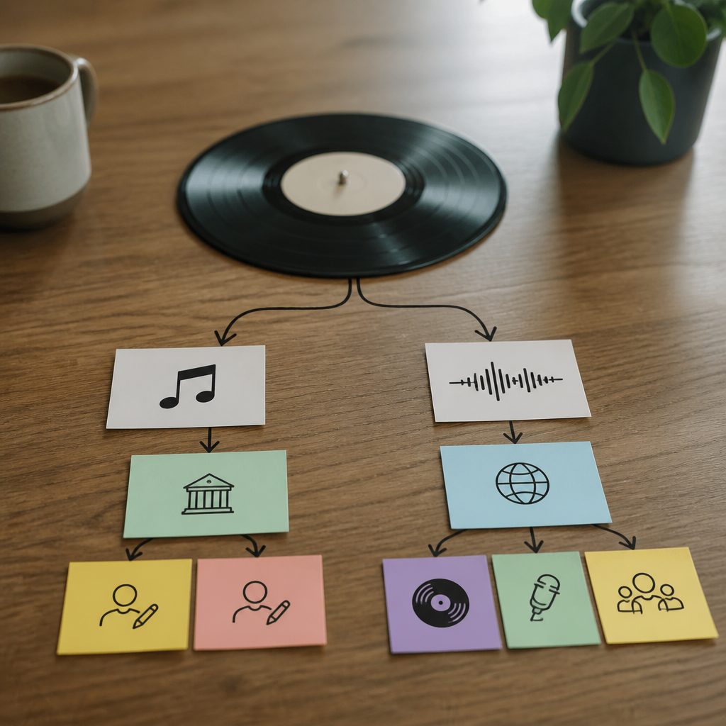 Diagram splitting a single recording into two columns: on the left the musical composition flowing to publishers and songwriters through performing rights organisations, on the right the sound recording flowing to the label, the featured artist and a non-featured performers fund through a digital collection body.