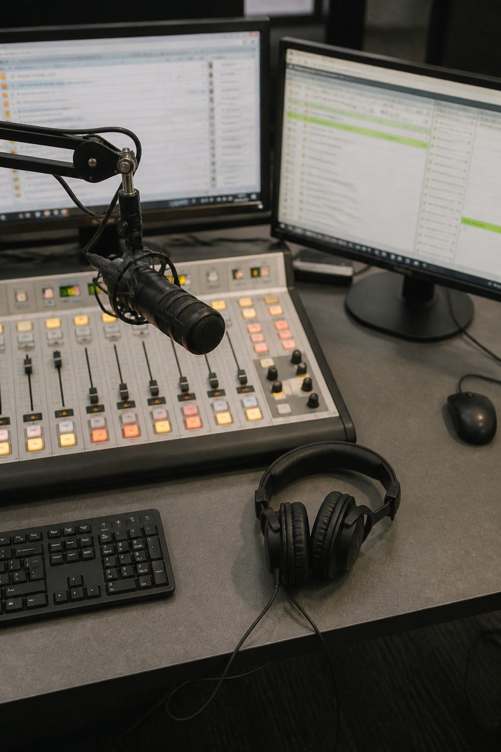 Overhead view of a radio studio desk with a broadcast console, a boom arm holding a large dynamic microphone, closed-back headphones and two screens showing a playout log.