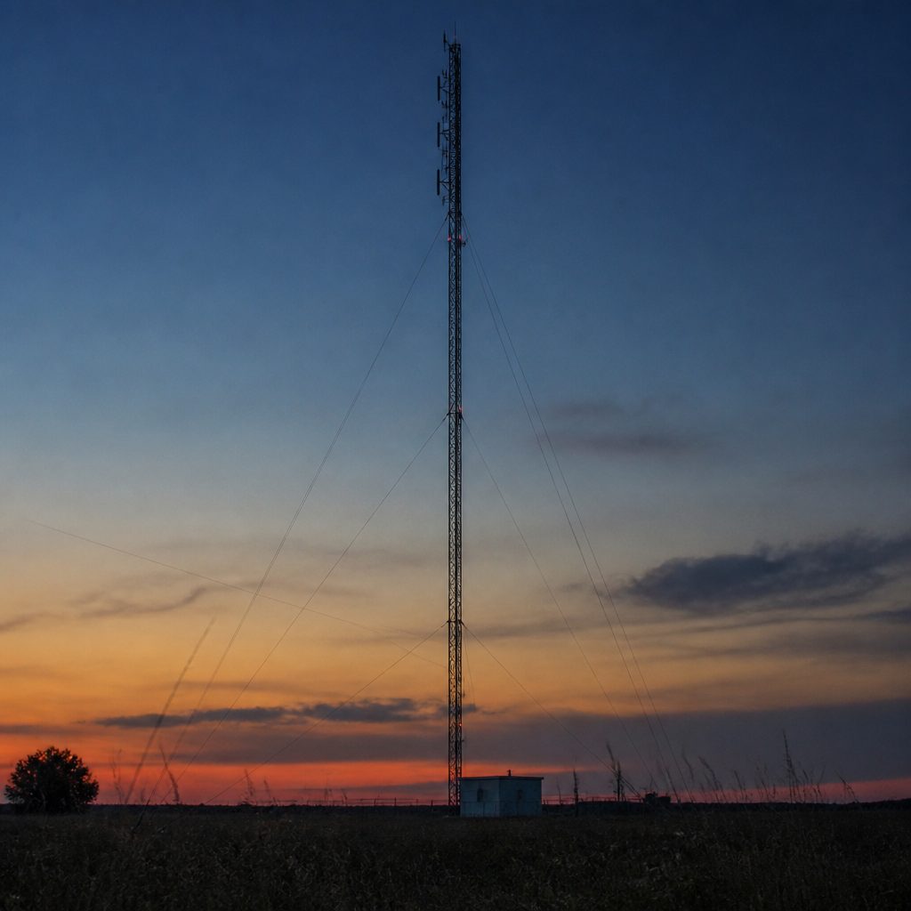 A guyed steel broadcast tower silhouetted against a dusk sky, with a stack of FM antenna bays near the top and a small equipment building at its base.